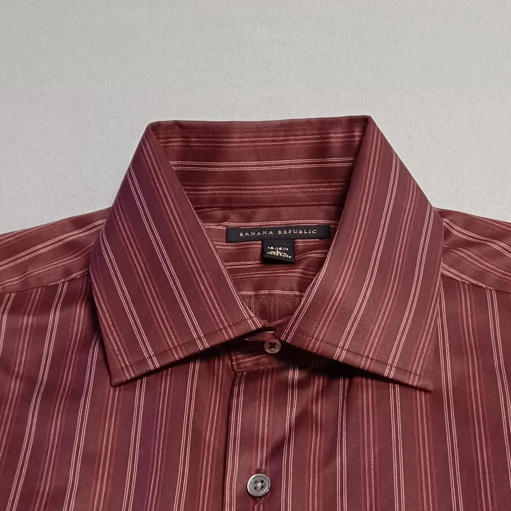 Banana Republic Dress Shirt Mens L Burgundy Striped Long Sleeve 100% Cot 16-16.5